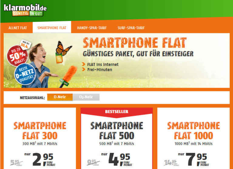 klarmobil Smartphone Flat 300 für nur 2,95 EUR im D-Netz!
