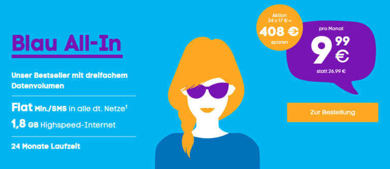 Blau Allnet-Flat mit 1,8 GB für nur 9,99 Euro – Ohne Datenautomatik!