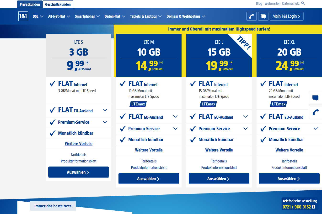 1&1 Datenflat ohne Vertragslaufzeit