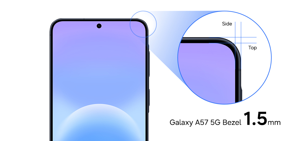 Samsung Galaxy A57 5G mit Detailansicht des Displayrahmens