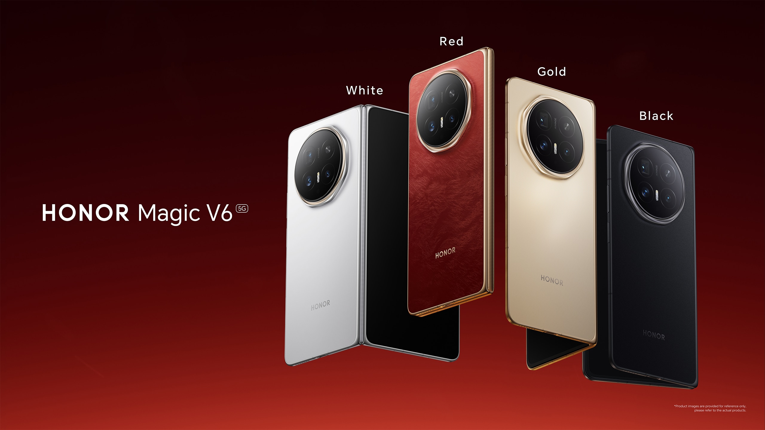 HONOR Magic V6 in Weiß, Rot, Gold und Schwarz auf der offiziellen Präsentationsgrafik