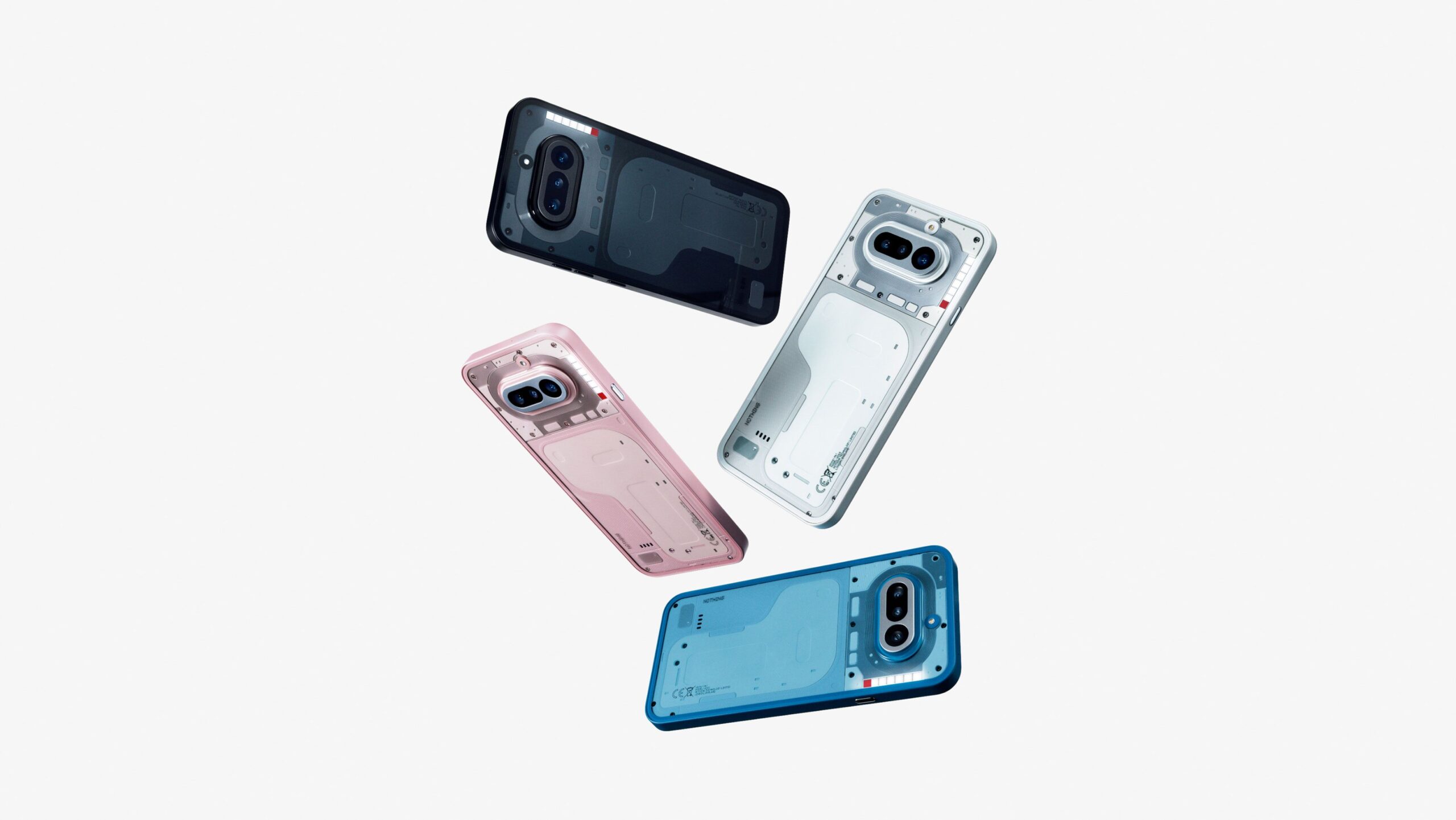 Nothing Phone (4a) in Schwarz, Weiß, Pink und Blau mit sichtbarer Rückseite