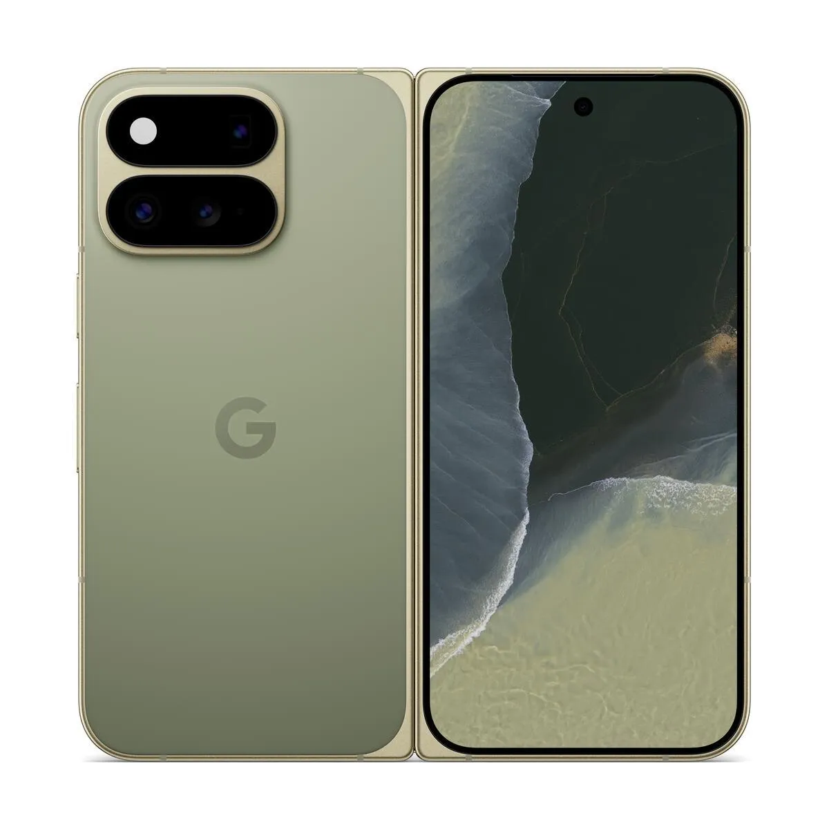 Google Pixel 11 Pro Fold in Olive, aufgeklappt mit Blick auf Rückseite und Außendisplay