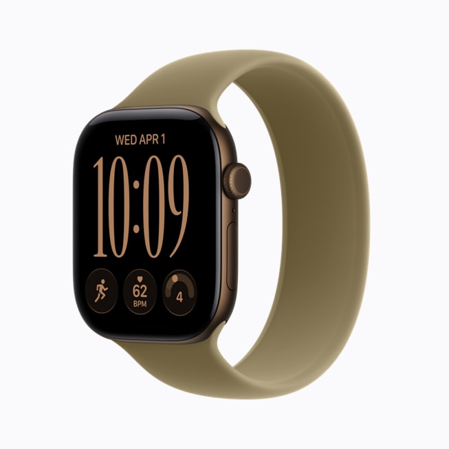 Apple Watch Series 12 in Dunkelbronze mit olivfarbenem Sportarmband.