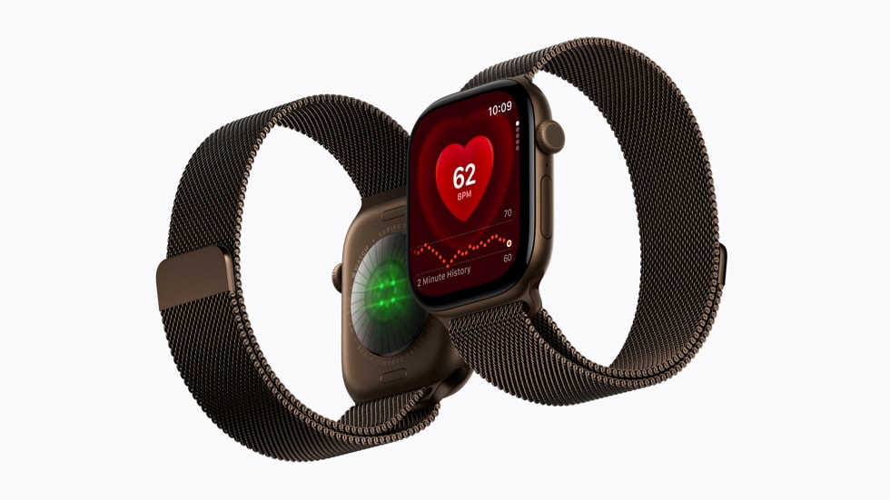 Zwei Apple Watch Series 12: Herzfrequenzanzeige und Sensoren auf der Rückseite.